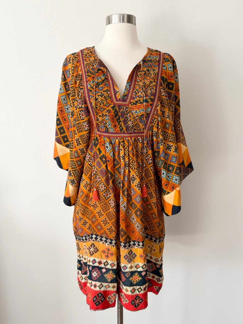 Tanvi Kedia Anthropologie Sumana Fair Isle Kimono Sleeve Mini Dress Brown Medium